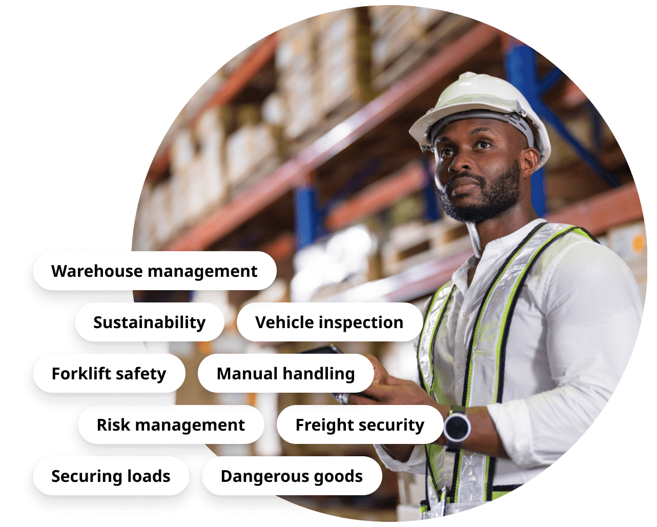 Vehicle inspection; Dangerous goods; Manual handling; Securing loads; Forklift safety
Freight security; Risk management; Warehouse management; Sustainability